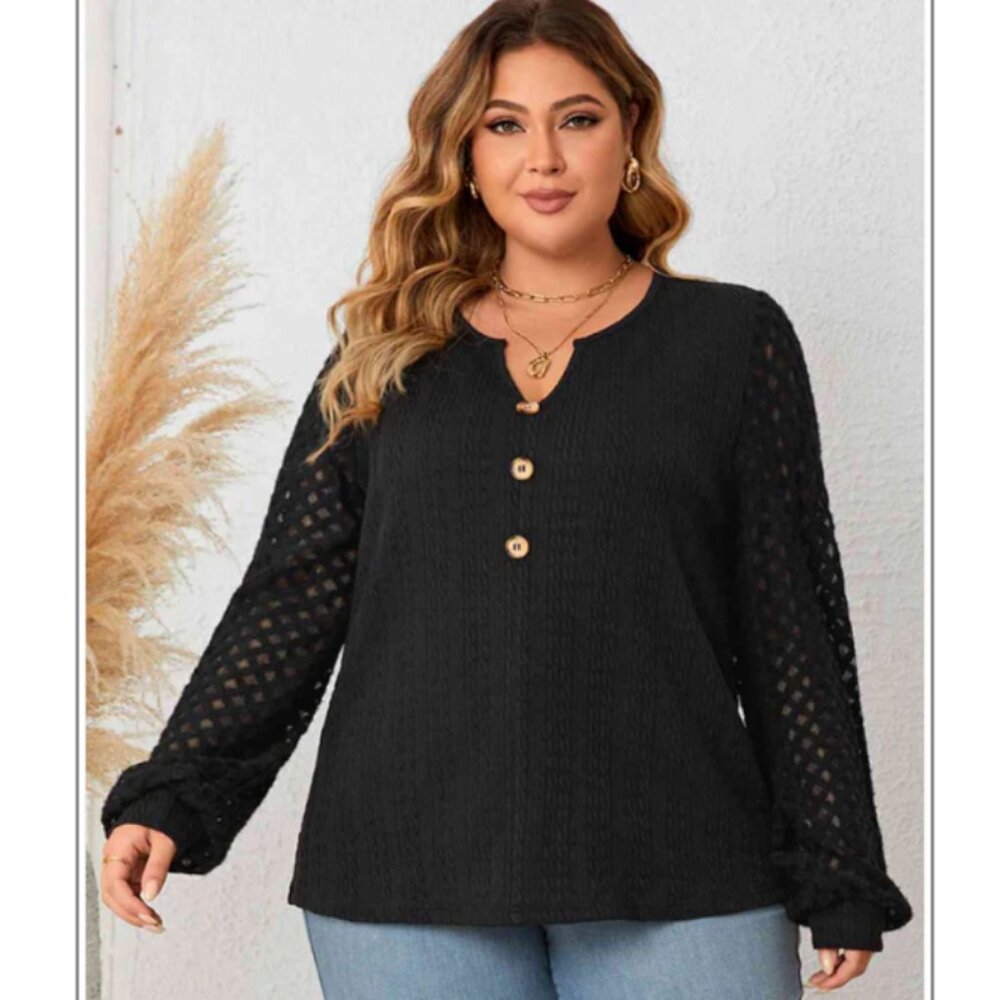 Black Textured Long Lace Sleeve Notched Button Front Top 2XL